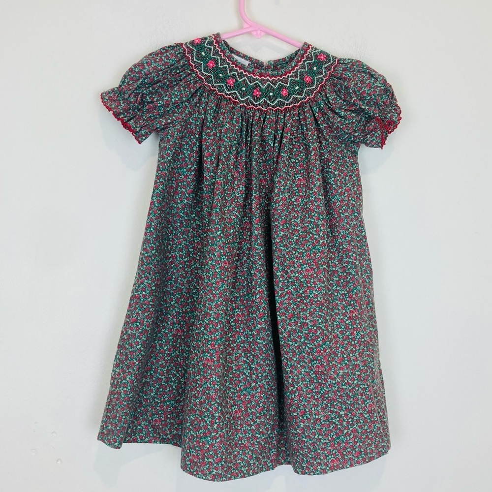 Edgehill Collection red, pink & green floral print, smocked puff sleeve dress 2T